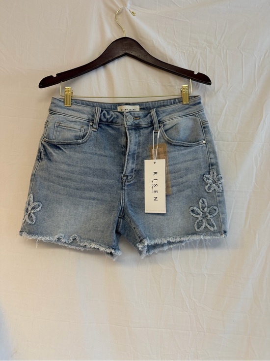 Risen Jeans Pants - Risen Light Blue Embroidered Floral Frayed Hem Denim Shorts